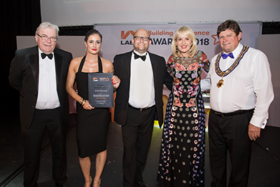 Pic of East Midlands attendees with Nicki Chapman at the LABC awards