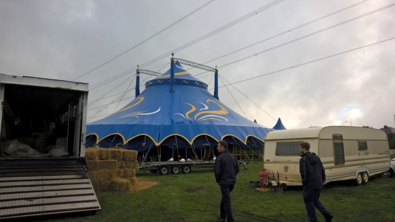 Circus tent under electricity pylons