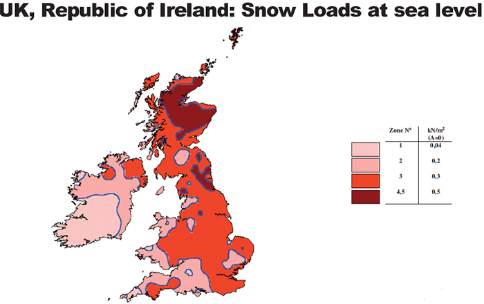 Map of snow loads at sea level UK and Republic of Ireland