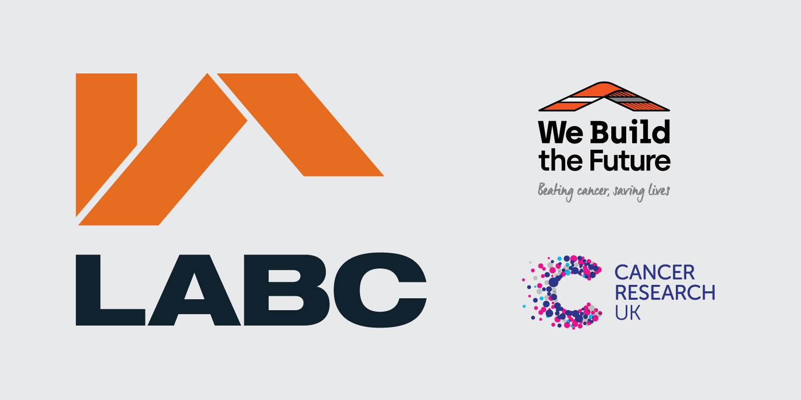 Logos for LABC, We Build The Future and Cancer Research UK - charity of the year 2019