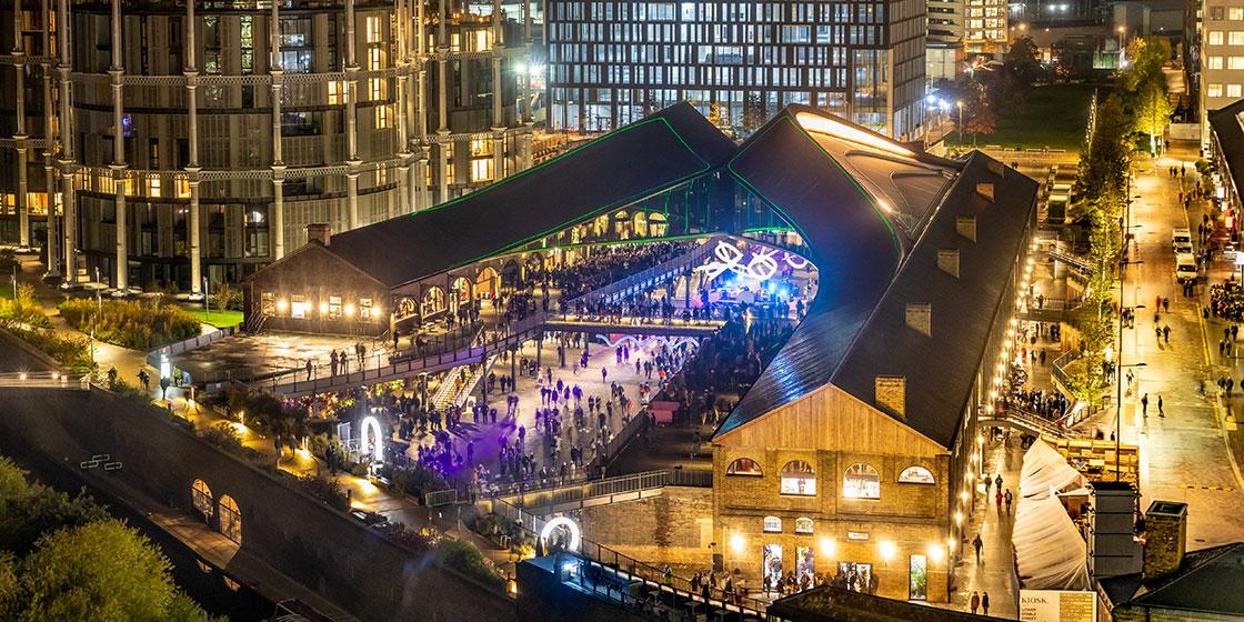 Coal Drops Yard, Kings Cross, London aerial view at night