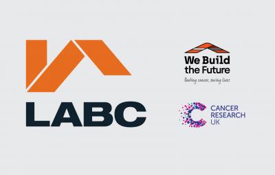 Logos for LABC, We Build The Future and Cancer Research UK - charity of the year 2019