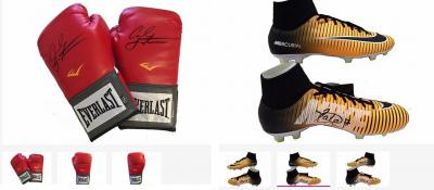 signed boxing gloves and football boots