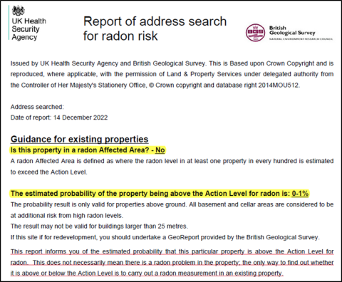 Figure 1: Example of an indicative site radon report from UKradon.org